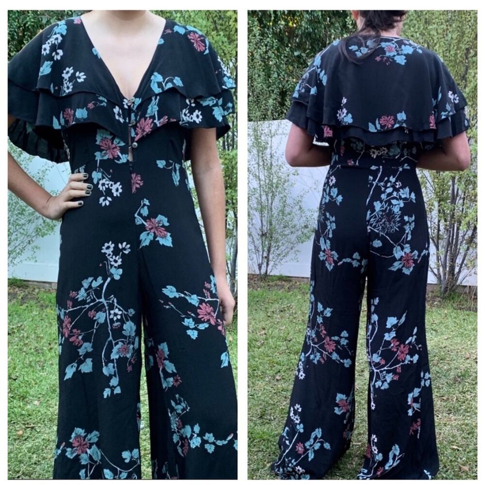 Cleobella Black Floral Ruffle Sleeve Wide Leg Party Jumpsuit Size XS Vacation